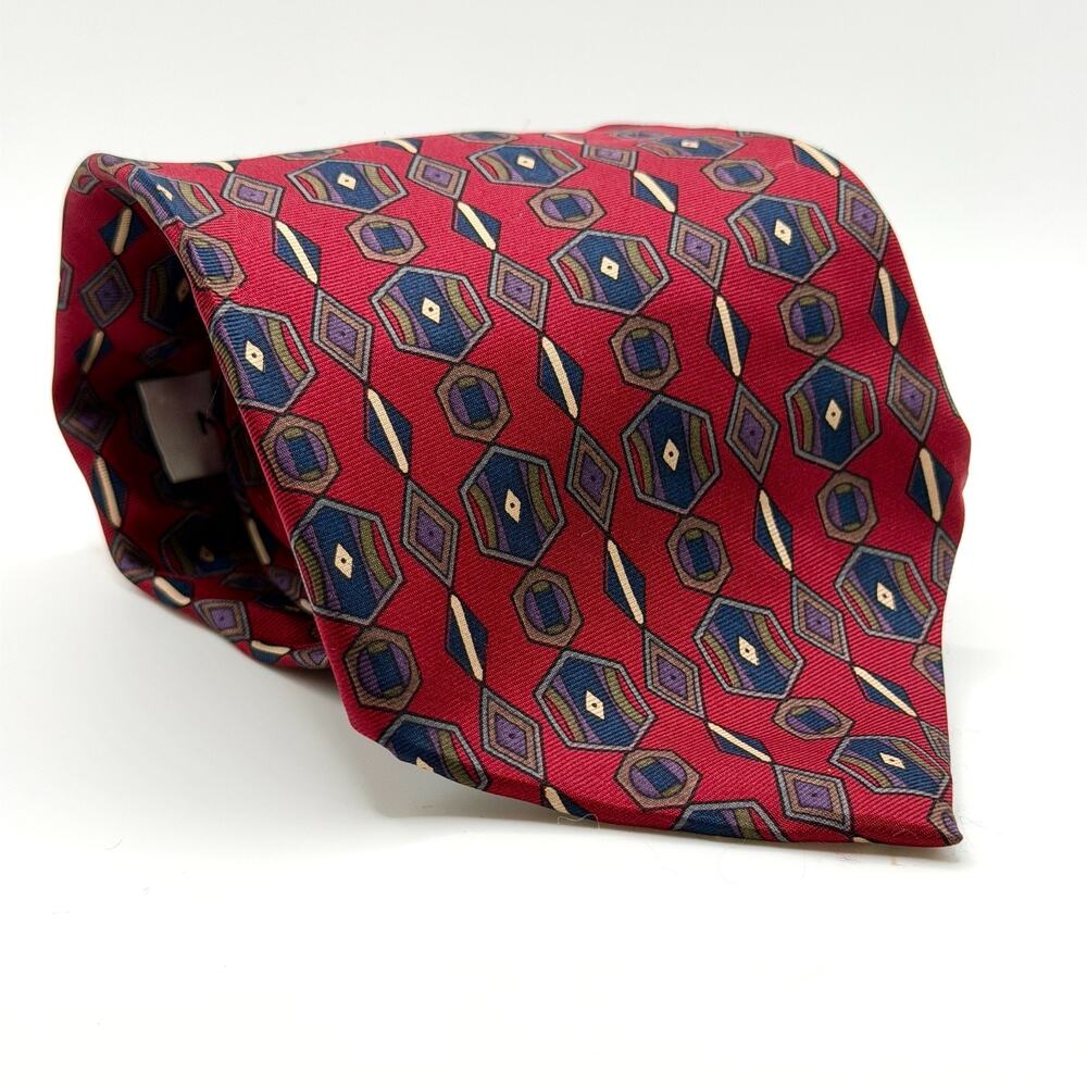 Vintage 90s Albert Nipon Silk Red Navy Geometric Necktie